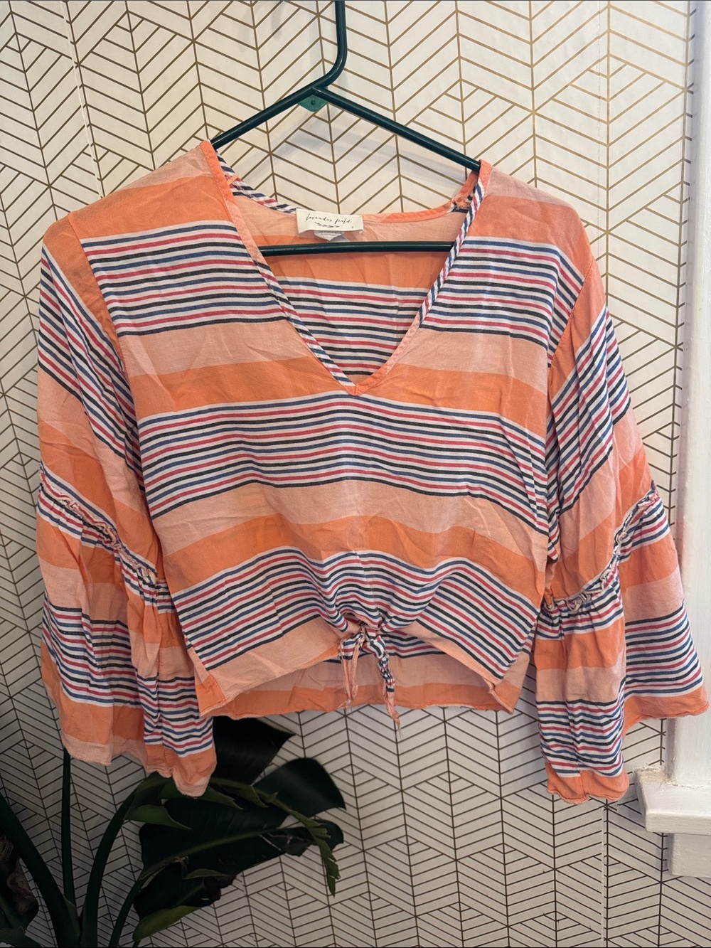 Lavender Field Flowy Striped Peach & Navy Cropped Tie-Front Summer Blouse